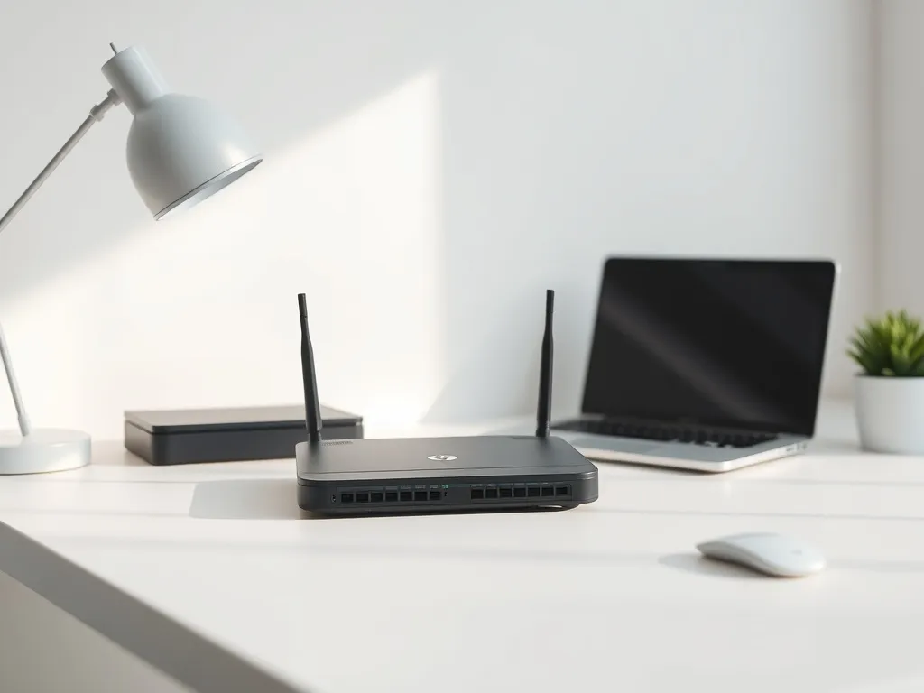 Minimalist modern workspace with a router and laptop on a cl