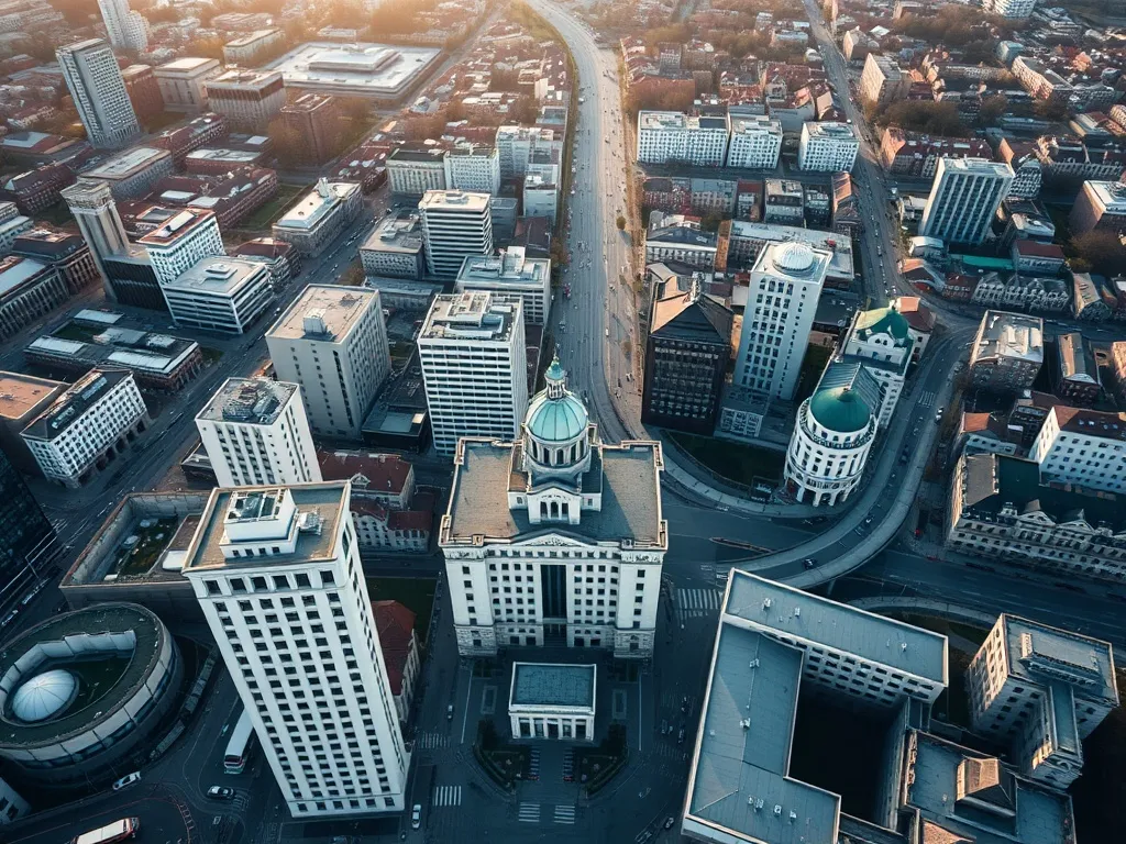 Minimalist aerial view of Lodz city architecture, clean line